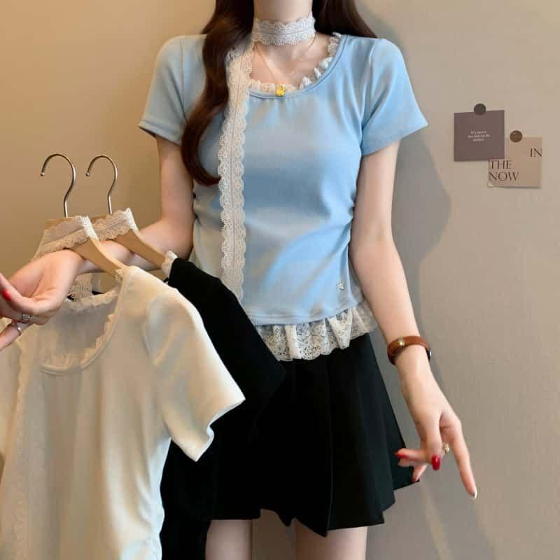 レディース トップス 短袖 夏 レース 正肩 ゆったりシルエット お腹カバー 痩せ見え フリル ギャザー 普段使い 軽量 伸縮性｜sinkouecomart