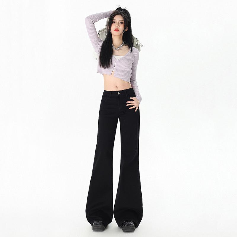 デニムパンツ 女性用 黒 ハイウエスト 微フレア 伸縮性 脚長 スリム 馬蹄型 ロング丈 カジュアル 普段使い デニム素材 軽量 春秋