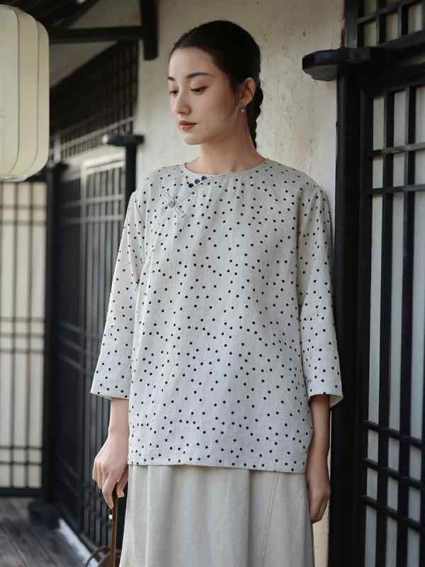 Tシャツ レディース 麻素材 春 中国 レトロ ポルカドット柄 プリント 七分袖 カジュアル トップス 通気性 軽量 日常使い｜sinkouecomart