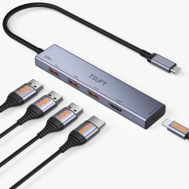 TSUPY USB C ハブ10Gbps 4K@60Hz HDMI映像出力 100W PD急速充電 3*USB3.2ポート 30 CM延長ケーブル アルミ製 usb3.2 gen2 スリムハブ画像