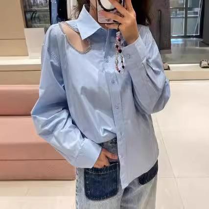 ブラウス レディース 秋 フレンチスタイル シルエット ゆったり 通勤用 オフィス コットン素材 ライトブルー 水滴型 ジルコニア｜sinkouecomart