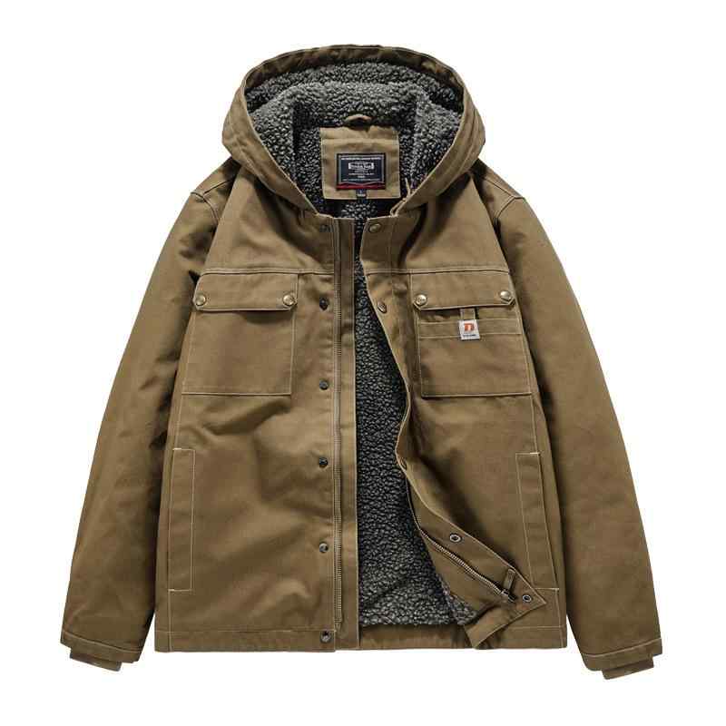 冬 メンズ ジャケット フード付き ワークスタイル 厚手 綿素材 羊毛 裏地 暖か 防寒 コート アウトドア 普段使い ブラック系 グレー｜sinkouecomart