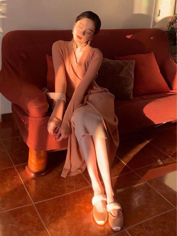 ジレー レディース ロング丈 編み物 アウター バスローブ表現スタイル 胴締め付き添い人 綿織物 羊毛 混紡 柿色 オレンジ色系 秋冬 生あたたかい 軽さ パステル色の 着心地 ゆったり 影ぼうし 日常使い走り