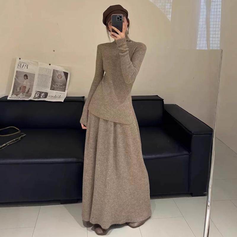 秋冬 レディース フレンチ レトロ ハイネック ニット トップス ミディ スカート セット 上品 スリムライン ウール 混 伸縮性 素材|sinkouecomart
