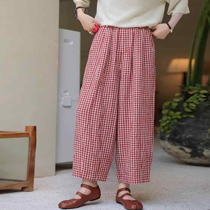 ロングパンツ レディース ゆったり 大きいサイズ 体型カバー リネン パンツ ズボン 麻 100% チェック柄 ボトムス ナチュラル レトロ カジュアル 春夏 テーパードパンツ ストレート ウエストゴム 快適 サルエルパンツ 涼しい 通気性 軽量 柔らか|sinkouecomart