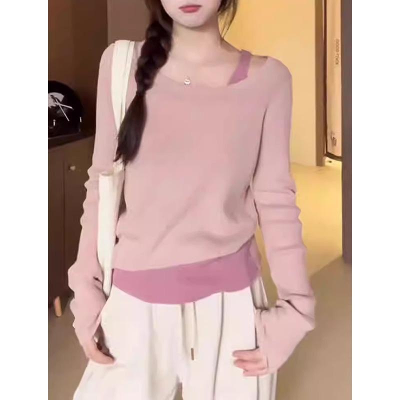 トップス レディース 長袖 Tシャツ ピンク系 再生繊維 ゆったり 大きいサイズ 体型カバー 着痩せ 細見え 遮肉 チュニック 異素材 切り替え 重ね着 春秋 カジュアル 普段着 通勤用 伸縮性 ソフト素材 柔らかい インナー 通気性 吸湿速乾 快適 ｜sinkouecomart