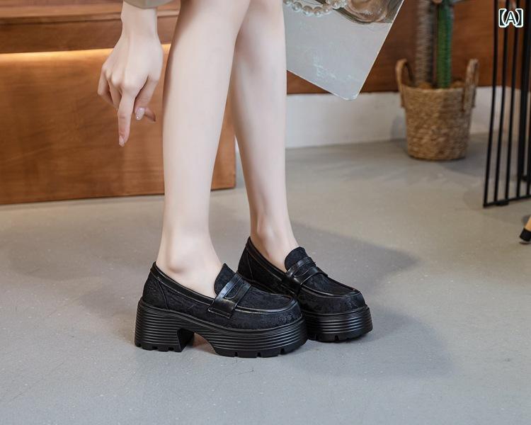 厚底ローファー 女性用 中華 レザーシューズ ラウンドトゥ チャンキーヒール クッションソール 低身長対応 春夏 普段使い 軽量 通勤｜sinkouecomart