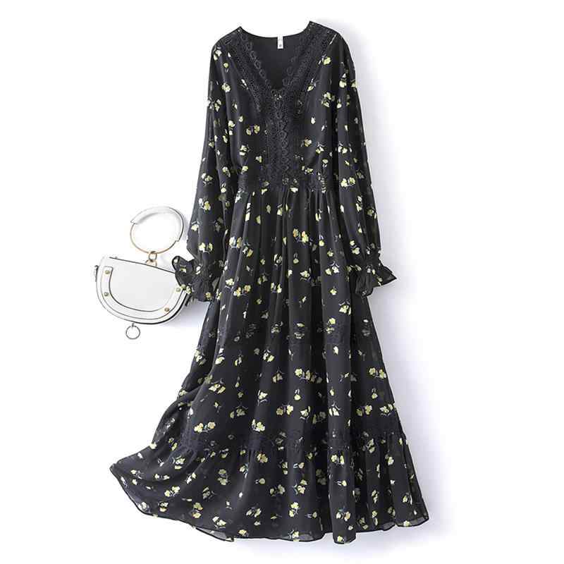 ワンピース レディース 大きいサイズ ゆったり 体型カバー Vネック レース 花柄 シフォン 切り替え 長袖 ロング丈 着痩せ ぽっちゃりさん向け チュニック 長袖ワンピース マキシ丈 二の腕カバー お腹周りカバー フレアシルエット エレガント きれいめ｜sinkouecomart