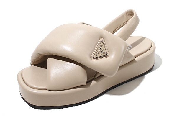 【中古】21.5cm PRADA プラダ トライアングルロゴ パデッドナッパレザー サンダル 34 1/2 SAND BEIGE サンドベージュ 1XZ758 イタリア製 /●☆ レディース 【ベクトル 古着】 250807