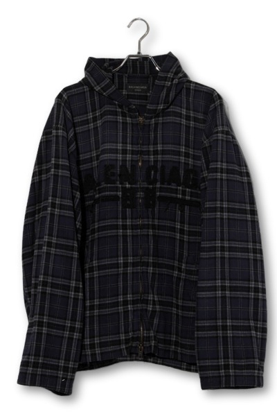 【中古】2024AW BALENCIAGA バレンシアガ 向こう正面ロゴタイプ フランネルチェックジップアップフーディー パーカー 1 Navy 米国海軍 A990 824581 TRM21 3080 イタリア製 /● メンズ 【ベクター 古着】 260503