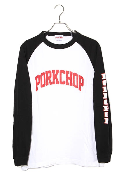 【中古】PORKCHOP GARAGE SUPPLY ポークチョップガレージサプライ COLLEGE RAGLAN L/S TEE 分科大学 ラグラン衣袂 ロンティーシャツ カットソー L WHITE BLACK 白いこと 黒いこと P0249  /● メンズ 【ベクター 古着】 260525