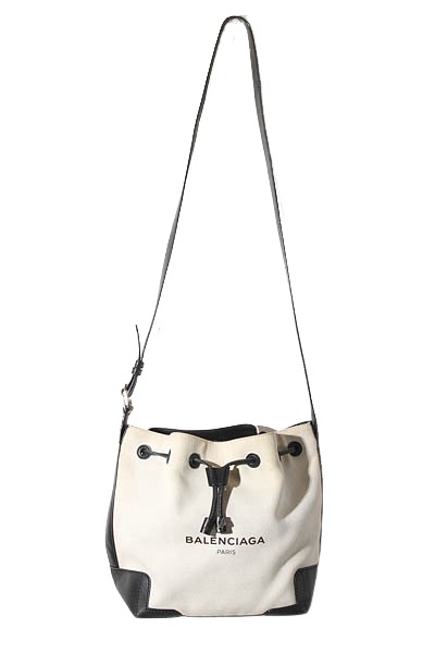 【中古】BALENCIAGA バレンシアガ ポーチ付き ネイビーバケット キャンバス レザー ショルダーバッグ 巾着 NATURAL BLACK ナチュラル ブラック 409000 /◆☆ レディース 【ベクトル 古着】 260618|ベクトル 新都リユース