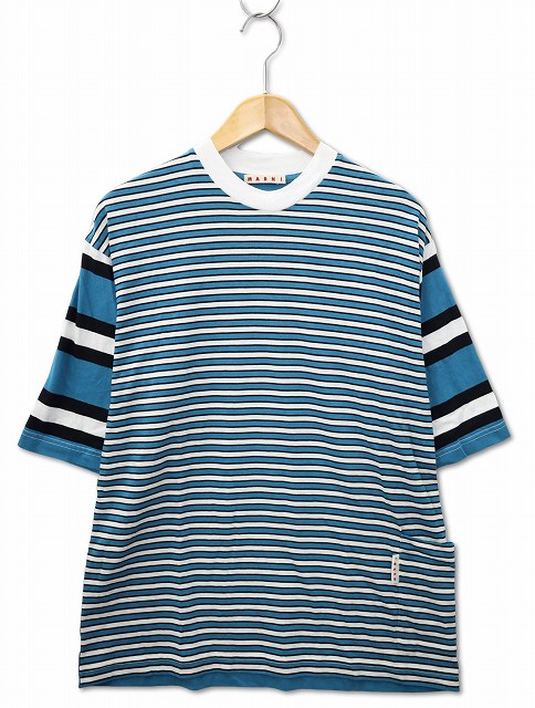 MARNI ネイビー ×ベージュ ボーダー Tシャツ MARNI☆ロゴ ボーダー長袖Tシャツ ロンT 送関込み (MARNI/T