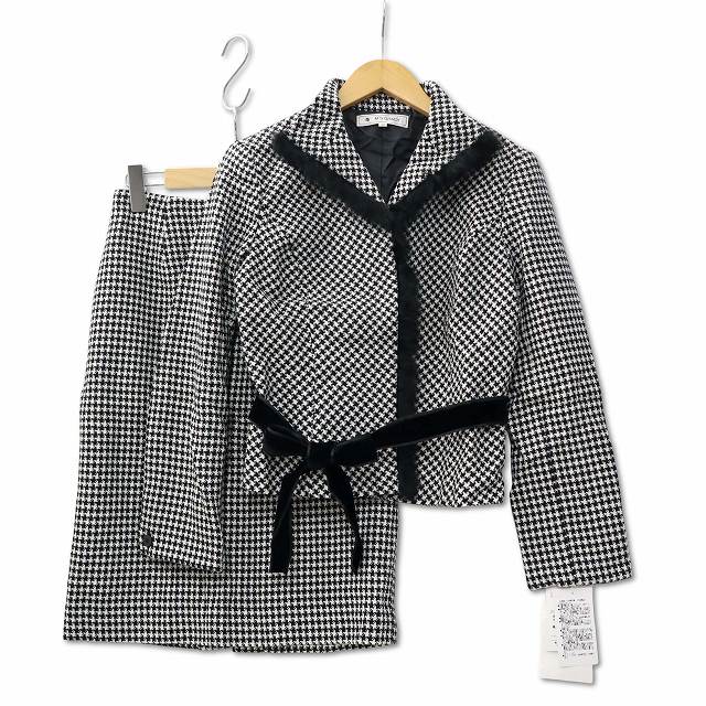 【中古】未使用品 エムズグレイシー M'S GRACY 千鳥柄 縁取りラビットファー ベロアリボン スカートスーツ セットアップ 黒白 38 (M) レディース 【ベクトル 古着】 260220|ベクトル 新都リユース