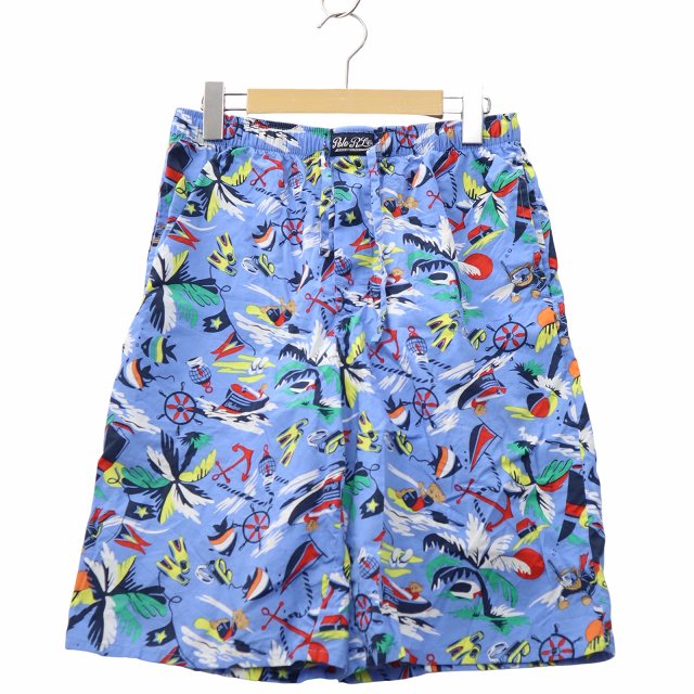 【中古】ポロ ラルフローレン POLO RALPH LAUREN ポロベア柄 ドローコード ウエストゴム ショートパンツ ショーツ M BLUE ブルー メンズ 【ベクトル 古着】 260322