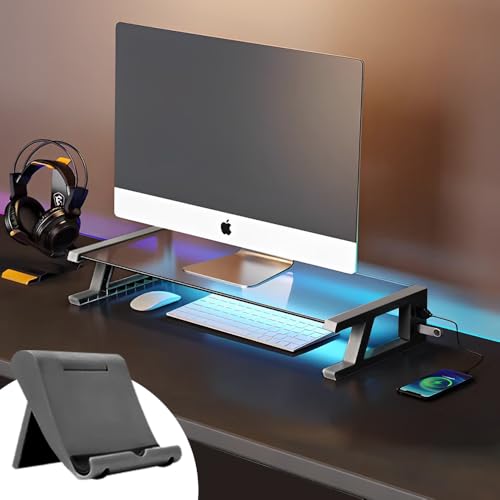 【楽天市場】モニター台 机上台 スマホスタンド付き パソコン台 強化ガラス製 USBデータ転送付き デスクボード ノートパソコンスタンド ...