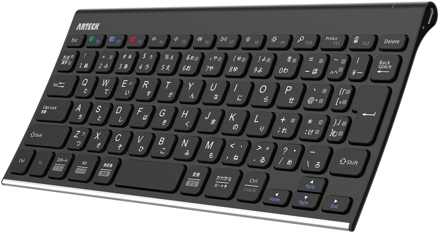Arteck ワイヤレスキーボード 日本語配列 マルチデバイス ステンレススチール Bluetooth キーボード 持ち運びやすいデザイン Bluetooth対応 iOS, Android, WindowsタブレットPC スマートフォンとの互換性あり 充電式電池内蔵で6ヶ月使用可能