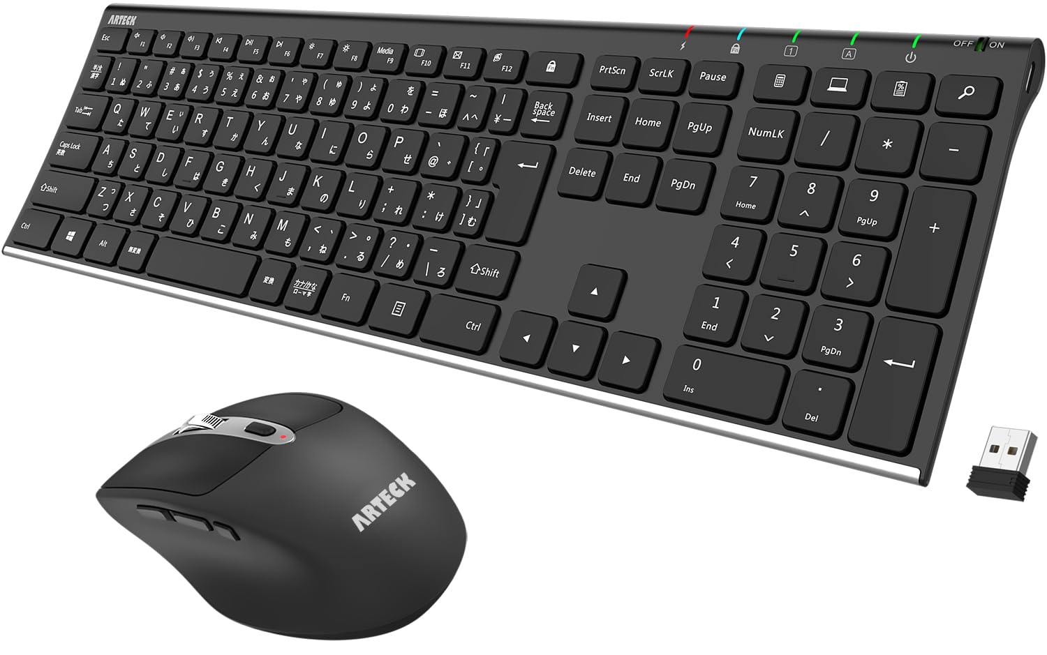 Arteck 2.4G無線ワイヤレス キーボード マウス セット 軽量 薄型 Type-C 充電式 フルサイズ キーボード マウス コンピューター、デスクトップ、PC、ラップトップ、Windows 11/10/8/7との交換性あり