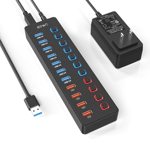 USBハブ JESWO USB3.0 ハブ 電源付き 11ポート USB HUB USB3.0ポートx7 5Gbps高速伝送 + 充電ポートx4 100cmケーブル USB拡張 セルフパワー/バスパワー 独立スイッチ付き 12V/3A電源アダプタ ACアダプタ付き MacBook/iMac/Surface