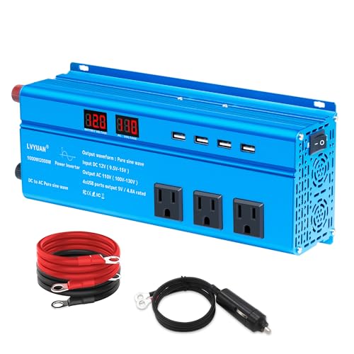 LVYUAN（リョクエン）インバーター 正弦波 12V 1000W 2000W（瞬間出力） DC 12V（直流） AC100V（交流） 変換 AC コンセント×3、USBソケット×4 カーインバーター太陽光発電 災害対策 地震 防災用品 自動車 船 キッチンカー キャンピングカー 用品