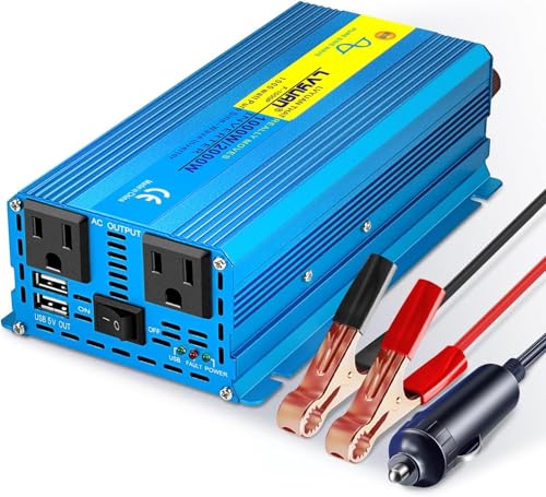 LVYUAN（リョクエン）インバーター 正弦波 12V 1000W 最大 2000W DC 12V（直流） AC100V（交流） 変換 AC コンセント×2、USBソケット×2 カーインバーター太陽光発電 災害 地震 防災用品 自動車 船 キッチンカー キャンピングカー 用品 キャンプ
