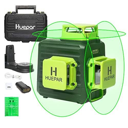 Huepar 3x360° レーザー墨出し器 グリーン 緑色 レーザー クロスライン 大矩 フルライン照射モデル 自動補正 2電源方式 Type-C充電可能 受光器対応 B03CG