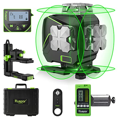Huepar グリーン レーザー墨出し器 フルライン4本 4x360° 受光器付属 LCDディスプレー 軽天マウント リモコン付き ３電源方式 S04-5RG