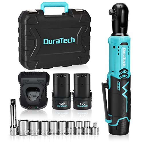 DURATECH 電動ラチェットレンチ ラチェットレンチセット 9.5mm（3/8”）&6.35mm（1/4”） 12V コードレス 充電式 ラチェットヘッド 最大トルク65Nm 正逆転切り替え 無段変速 過負荷保護 過熱保護 安全ロック機構 LEDライト タイヤ交換 自動車修理