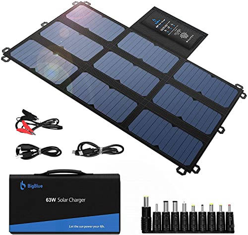 BigBlue ソーラーパネル 63W 折りたたみ式 ソーラーチャージャー ソーラー充電器 ４つ出力ポート(19V DC出力+5V USB出力+USB-C) 23.5%高変換効率 防災 地震 防水 停電 iPhone 12/12 pro Max/mini/Galaxy S20+/ S10+/ポータブル電源用