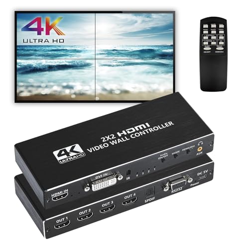 2x2 HDMI ビデオウォールコントローラー 4K HDディスプレイ 2x2/ 1x1/ 1x2/ 1x3/ 1x4/ 2x1/ 3x1/ 4x1 1920x1080P 60Hz HDMI DVI RS232 映像入力 4 HDMI出力 リモコン付き、縁消し、180°回転切り替え、8つのディスプレイモード