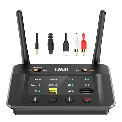 1Mii Bluetooth 5.3 トランスミッター レシーバー USBドライブをサポート aptx Adaptive/LL 低遅延/HD/SBC/AAC対応 ブルートゥース 送信機 受信機 BYPASS 一台三役 DAC Aux 3.5mm RCA 光 デジタル接続 2台同時接続 通信距離30M テレビ|真打本舗 店