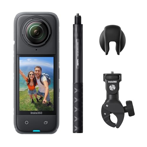 Insta360 X4-8K防水360度アクションカメラ、ウェアラブルカメラ、4K広角ビデオカメラ、見えない自撮り棒効果、着脱式レンズガード、135分の連続撮影可能なバッテリー、AI編集、手ブレ補正、スポーツ／旅行／アウトドア向け バイク撮影バンドル-SDカードなし