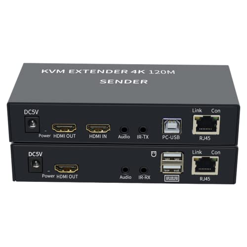 4K HDTV 120M KVMエクステンダーHDMI互換USBエクステンダー、CAT6 RJ45 Lanイーサネットエクステンダー、ループ3.5mmオーディオIR制御付き (120M)