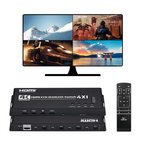 4K HDMI KVM 画面分割器 4入力1出力 HDMI KVM 画面分割切替器 4x1 4台のパソコンを同時に共有し hdmi画面切り替え器 4画面同時表示 Quad viewer シームレス KVM スイッチャー PS4/PS5/ 監視カメラ用 （IRリモート付き）