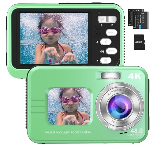 HICSHON デジタルカメラ デジカメ 4K 水中カメラ 防水カメラ オートフォーカス IP68防水 64GBカード付属 4800万画素 自撮りカメラ デュアルスクリーン 16倍デジタルズーム コンパクト 水中3.5mまで(グリーン)