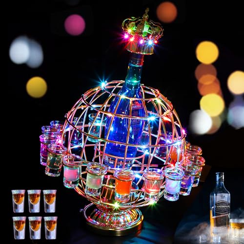QuiExact テキーラ地球儀 回転可能 12カップ LED テキーラ 地球 led酒ボトルの表示棚 ショットグラス カクテルグラスホルダー 酒棚 収納ラック酒器 酒棚 テキーラ観覧車 パーティ 開店祝い 開店 レストラン レストラン ワイングラス掛け