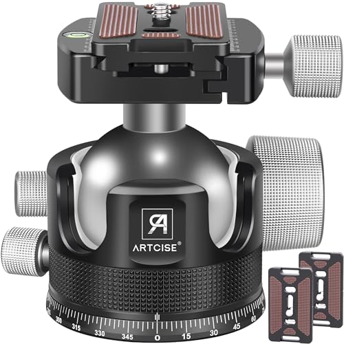 ARTCISE 55mm 低重心 ボール雲台 CNC加工 アルミ 360度回転 パノラマ ボールヘッド アルカスイス互換 クイックシュー 自由雲台 一眼レフ DSLR ビデオカメラ用 最大耐荷重 40キロ