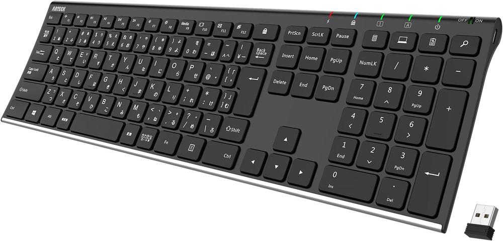 Arteck 2.4G ワイヤレスキーボード日本語配列 無線ステンレススチール 軽量 フルサイズキーボード テンキー付き コンピューター、デスクトップ、PC、ラップトップ、Surface、スマートテレビ、Windows11/10/8/7、Vista、XPとの交換性あり 充電式電池内蔵