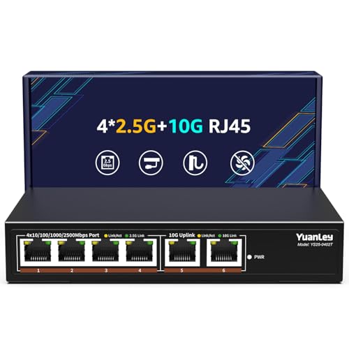 YuanLey 6界面 10G イーサネットスイッチ｜4×2.5G Base-T + 2×10Gb RJ45｜100/1000/2500Mbps相応う｜アンマネージド｜金属元素筐体・愛読者受け答え｜2.5G/10G NAS・無線LAN AP向け