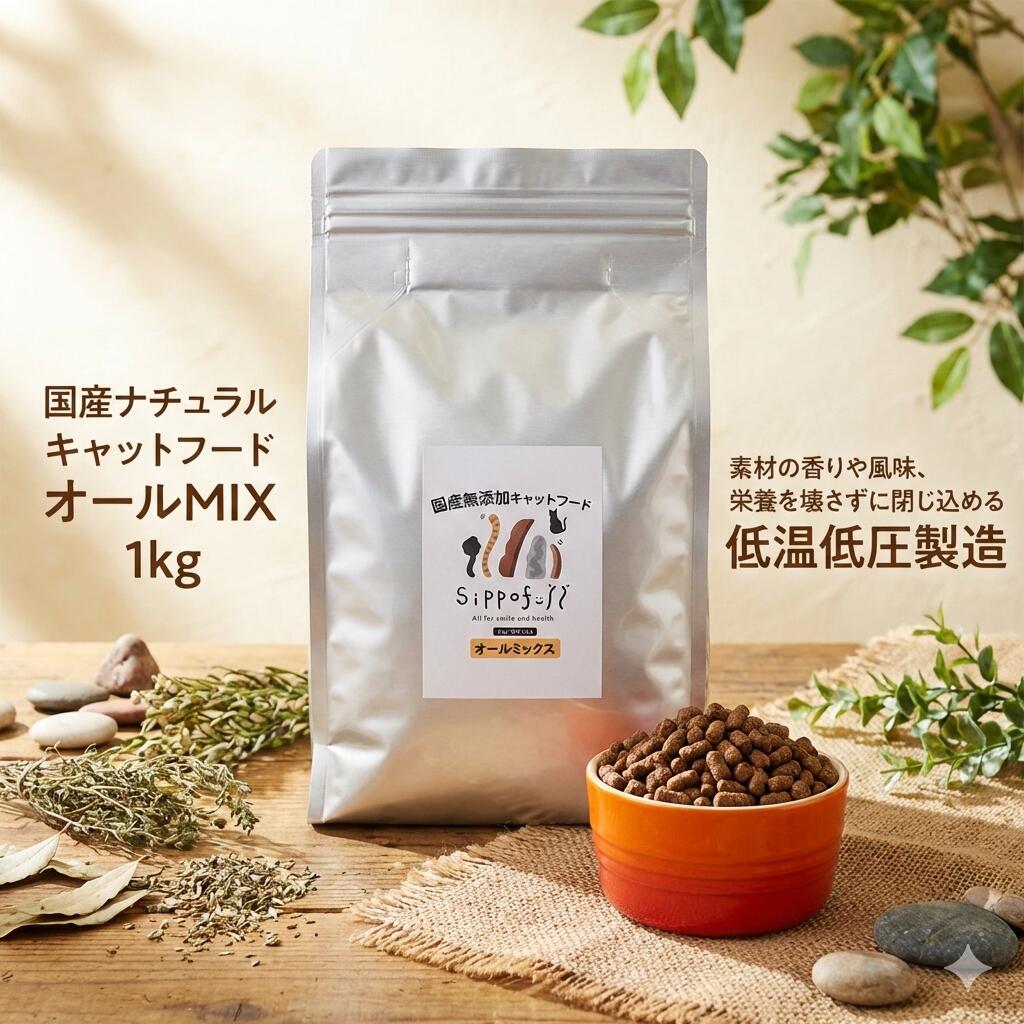 キャットフード 国産 無添加 涙やけ 総合栄養食 シッポフル sippofull オールMIX 牛肉 馬肉 鶏肉 魚肉 1kg 小粒 腸活 グルテンフリー 低温低圧製法 ノンオイルコーティング アレルギー 食べムラ 偏食 獣医師推薦 腸内環境改善 健康寿命 お悩み無料相談 まとめ買い セット割引