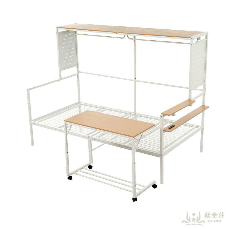 【ホワイト】 システムベット ロフトベッド シングル スチールネット付き 移動型デスク付き 北欧風 木目 子供ベッド 大人ベッド 一人暮らし スチール 耐震 ベッド|紫金蓮店
