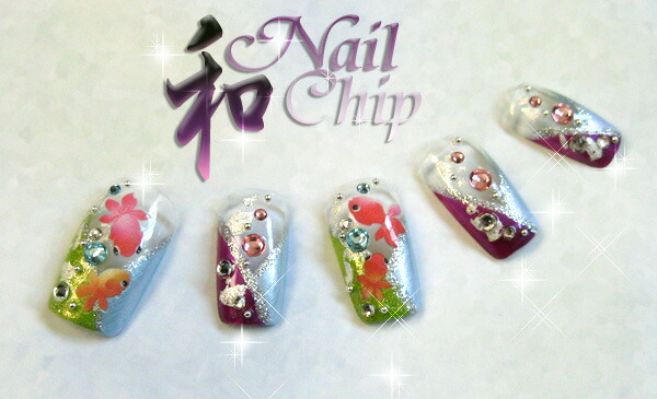 和風ネイルチップ【金魚】白&&緑&紫と金魚の和柄
