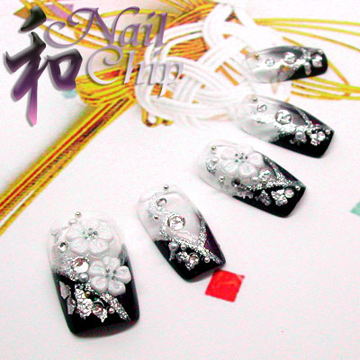 【送料無料】オーダーメイド 和風ネイルチップ [紫式部] 紫/黒/銀 14枚組 ロング/ショート 両面テープ/やすり/ケース/付け方説明書付き/スワロフスキーラインストーン使用