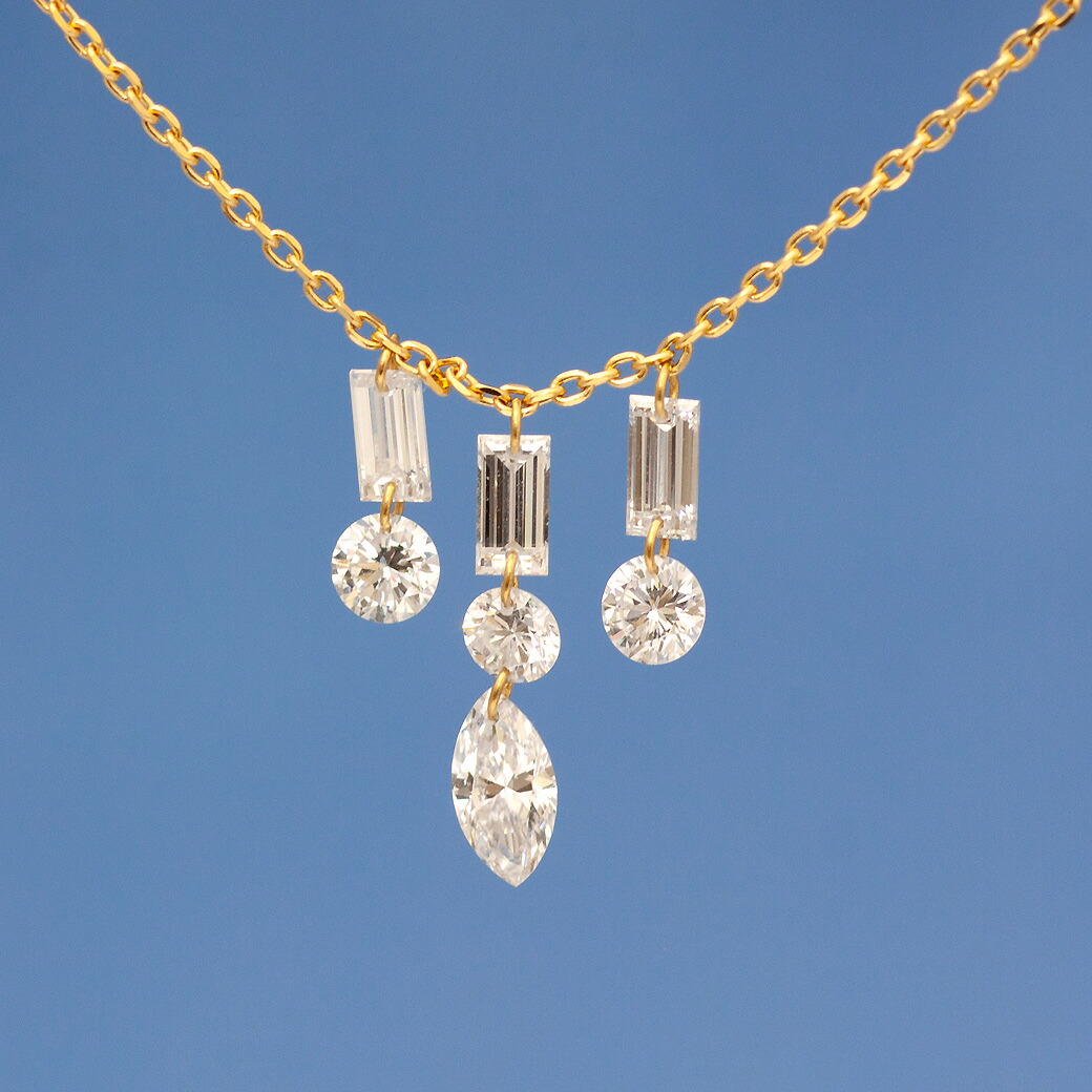 【ALTRO アルトロ】 Lior リオール K18 ラボグロウンダイヤモンド ファンシーシェイプ シャンデリア ネックレス 0.8ct マーキス バゲット ドロップデザイン レーザーホール 合成ダイヤモンド ラウンドカット フレームレス 穴あき 記念日 アニバーサリー 送料無料
