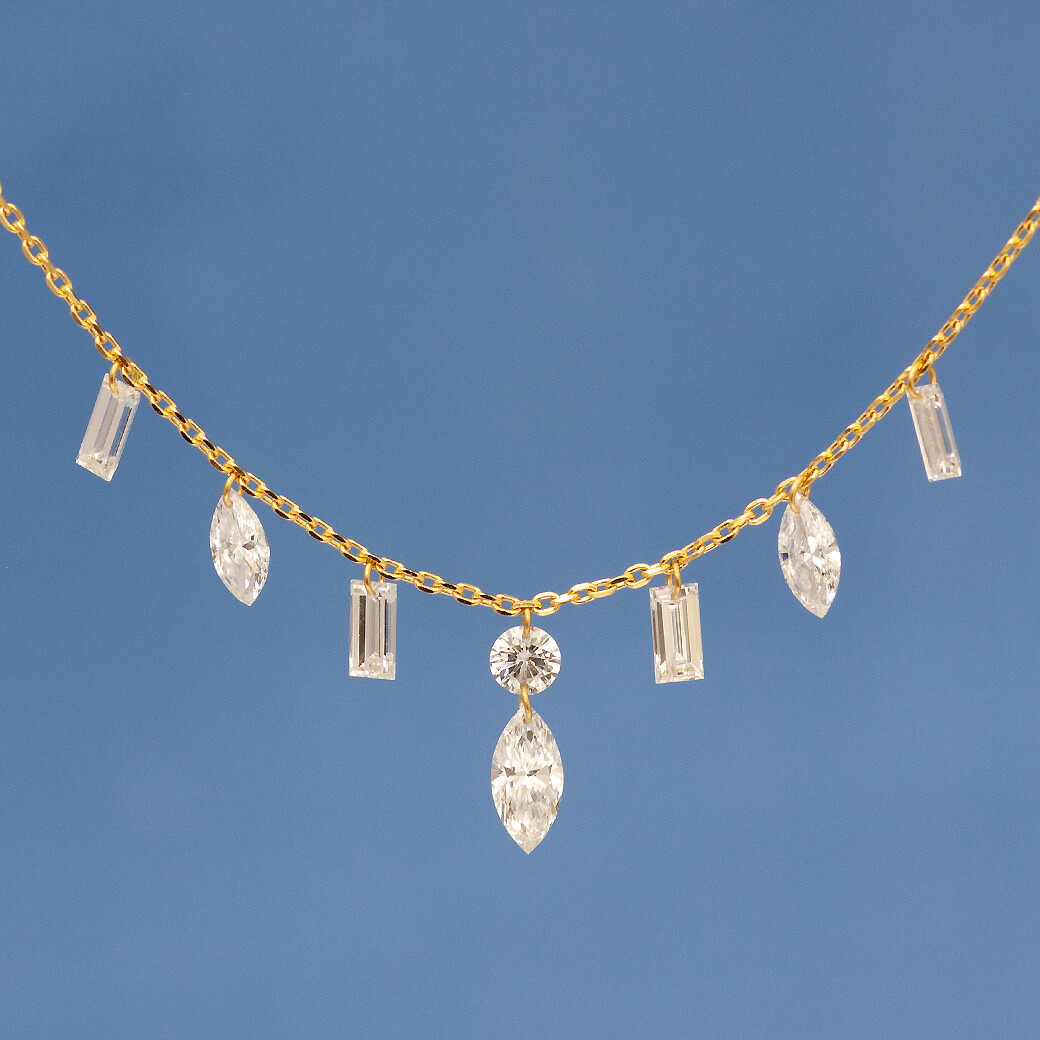 【ALTRO アルトロ】 Lior リオール K18 ラボグロウンダイヤモンド ファンシーシェイプ シャンデリア ネックレス 1.0ct マーキス バゲット ラインデザイン レーザーホール 合成ダイヤモンド ラウンドカット フレームレス 穴あき ジュエリー 記念日 アニバーサリー 送料無料