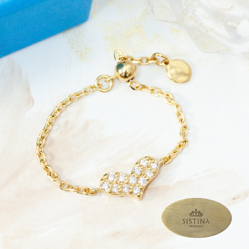 チェーンリング ハート パヴェダイヤ ダイヤモンド 0.07ct ダイヤモンドリング 指輪 リング フリーサイズ 18金 18k YG WG スライドチェーン サイズ調整|DiamondJewelrySalon システィーナ