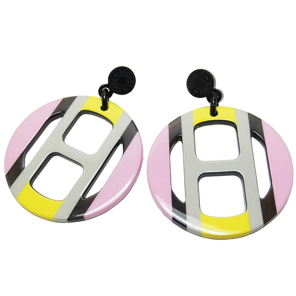 エルメス 　HERMES　バッファローホーン 　ピアス　 Hエキップ　グレー/ピンク/イエロー　　【中古】【コンビニ受取対応商品】