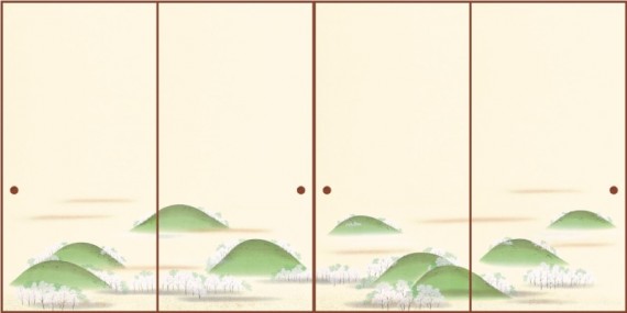 高級織物襖紙　吉野山　４枚組　Ｎｏ．５１０　上級品　手加工襖絵（襖/襖紙/ふすま/ふすま紙/糸入り/織物/押入れ/張替)