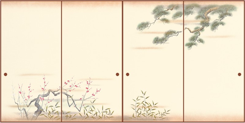 高級織物襖紙　薫風鶯明　４枚組　Ｎｏ．５１２　上級品　手加工襖絵（襖/襖紙/ふすま/ふすま紙/糸入り/織物/押入れ/張替)