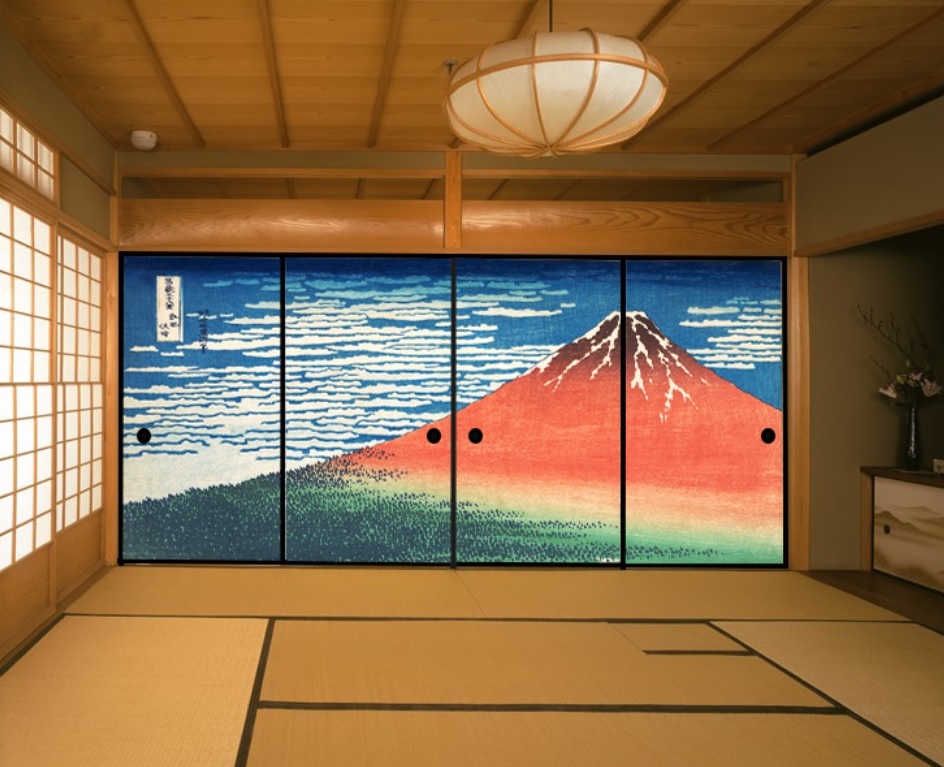 目論む襖紙 北斎「赤富士（凱風快晴）」 ４枚組 （襖/ふすま/ふすま紙/赤富士/北斎/和紙/オシャレ/張替)
